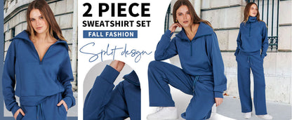 2 Piece Womens Outfits Sets Half Zipper Oversized Sweatshirts and Drawstring Sweatpants with Pockets Fall Trendy Tracksuits